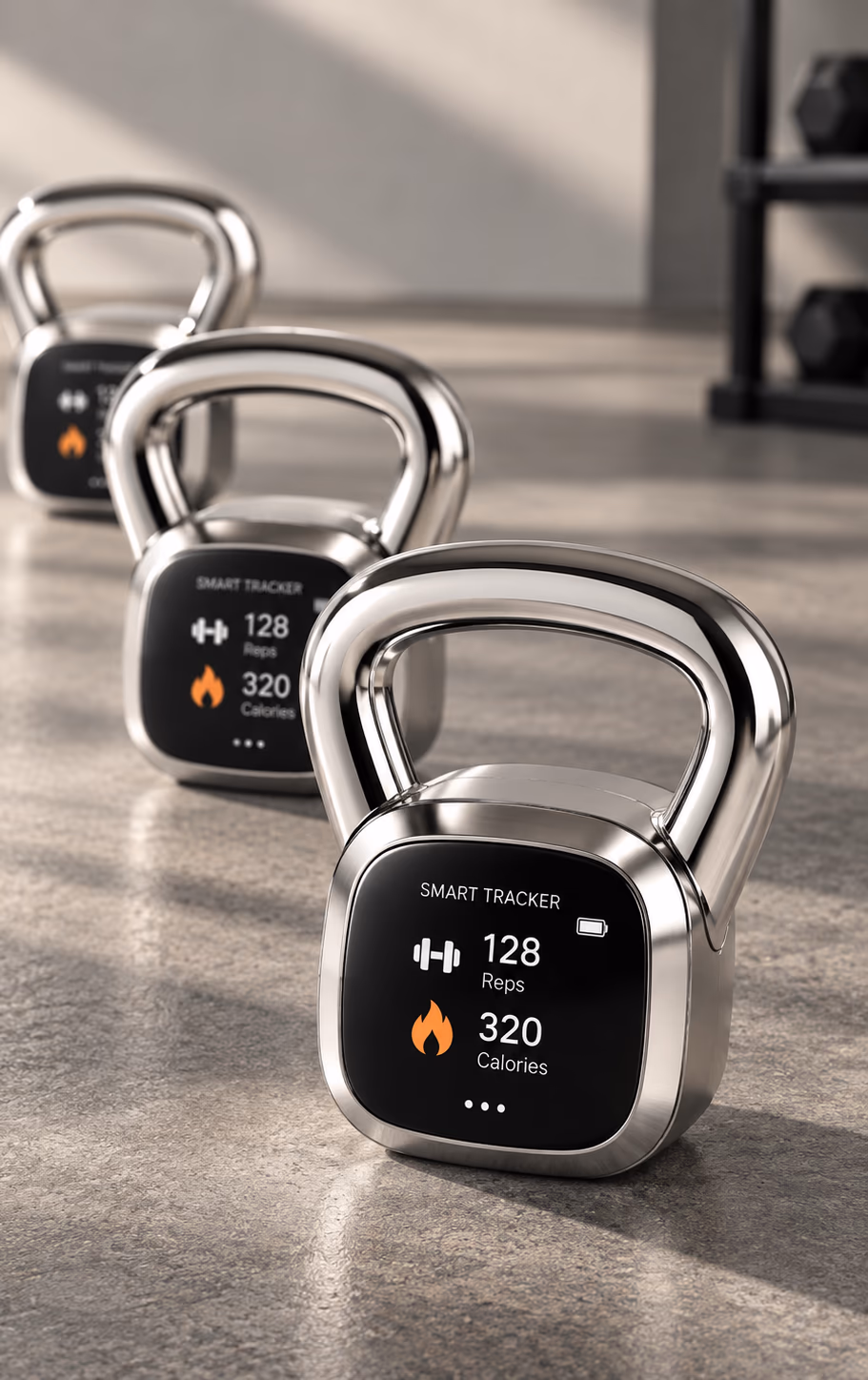 Three Strivo kettlebells lined up on a gym floor