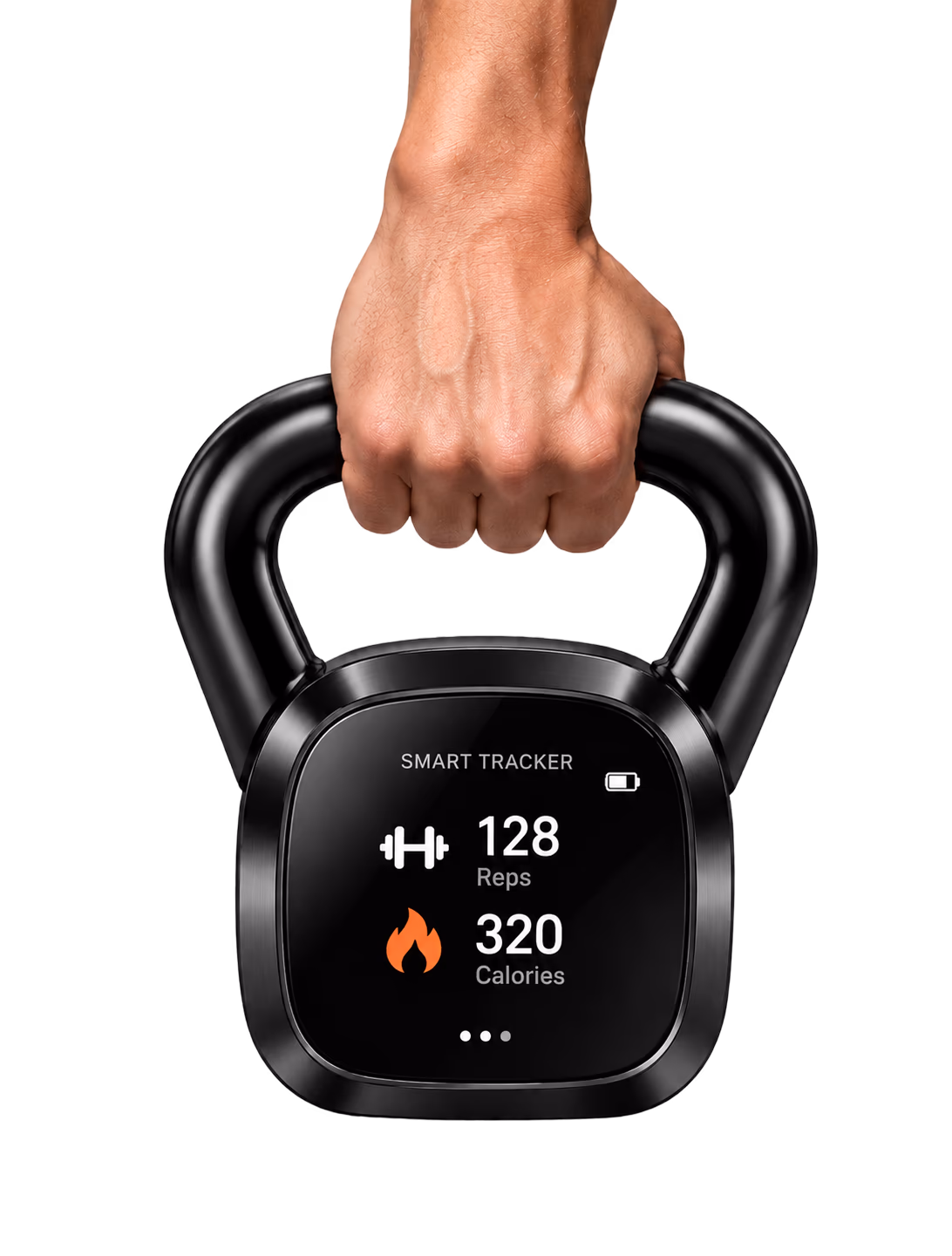 A hand lifting a black Strivo kettlebell by its handle