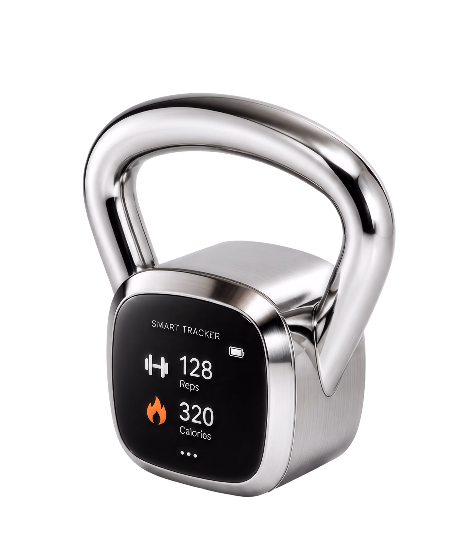 Strivo smart kettlebell with its display showing 128 reps and 320 calories