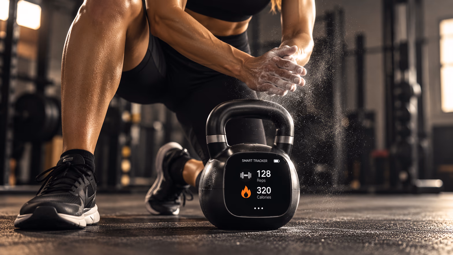 A woman chalking her hands beside a Strivo kettlebell