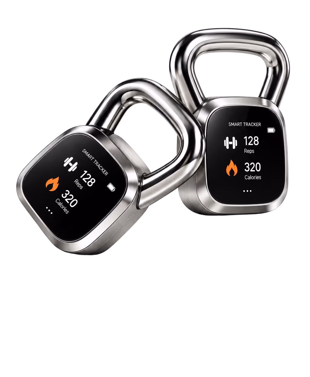 Two Strivo kettlebells with their screens lit
